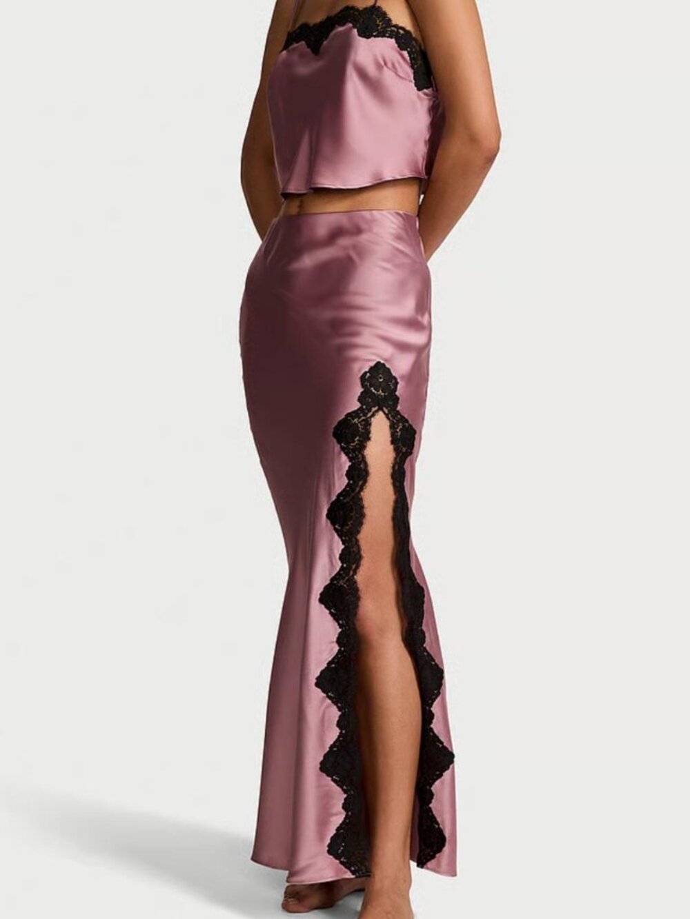 Victoria's Secret Dream Angels Satin Lace-Trim Cropped Top Skirt Set- Purple